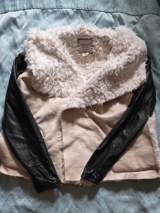 Billabong Jackets & Blazers - Cream Faux-Shearling Jacket with Black Faux-Leather Sleeves